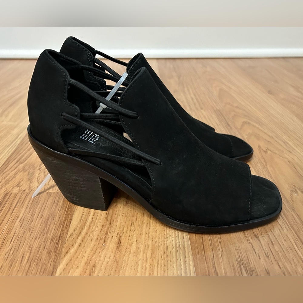 Eileen Fisher Black Leather Alfie Open Toe Block Heels Sandals